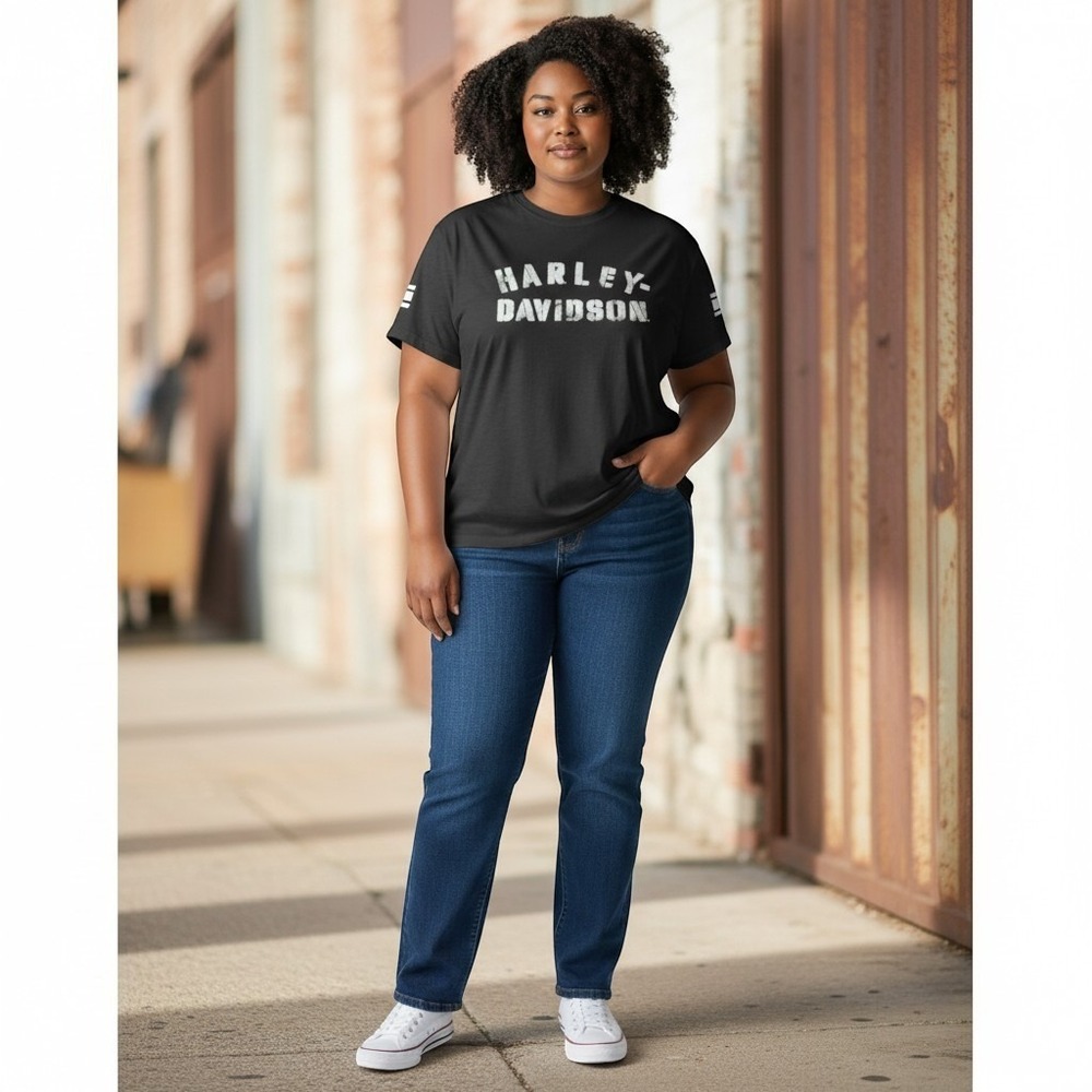 Harley Davidson Womens XL Black Graphic T-Shirt Distressed Logo Cotton Tee